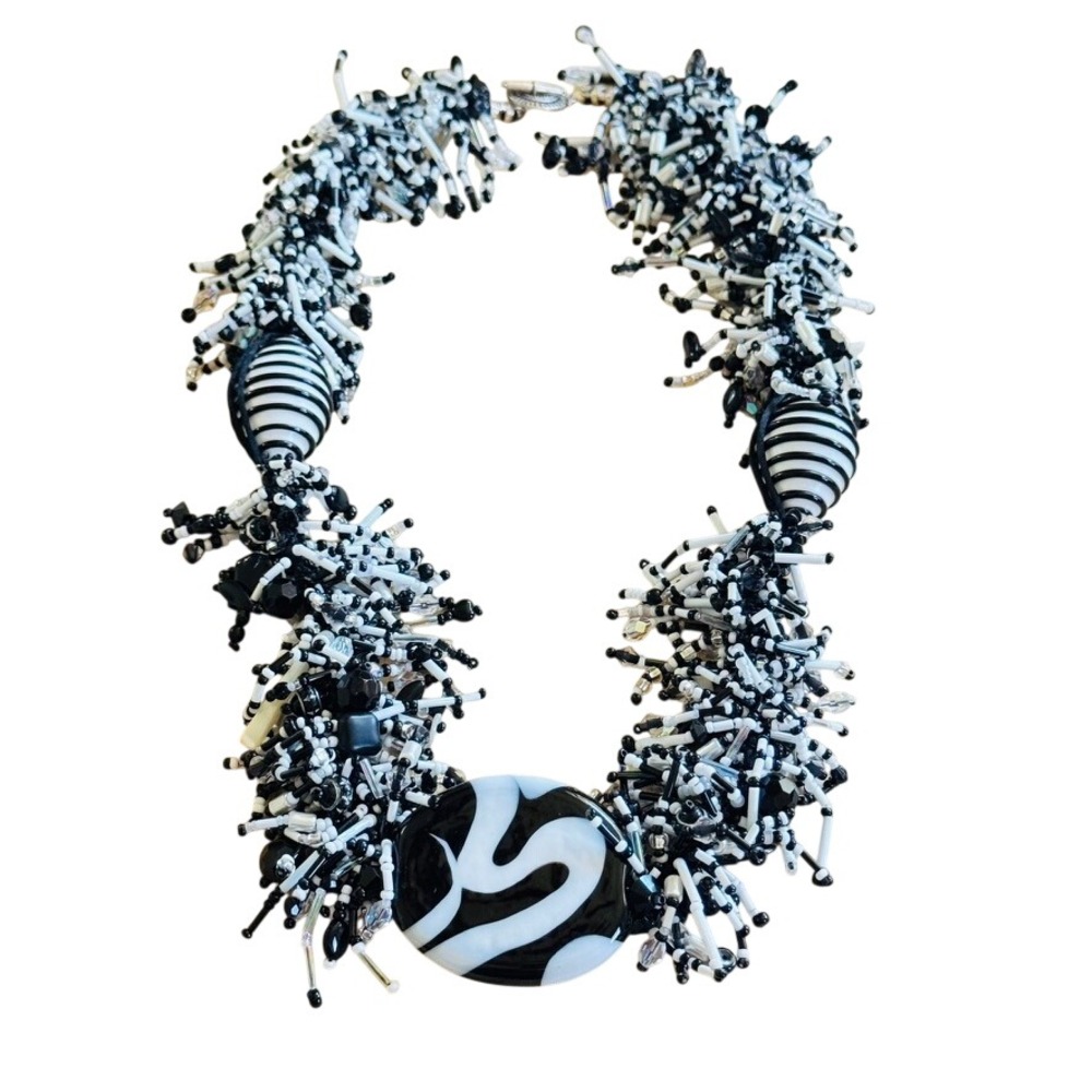 VTG Murano Glass Couture Necklace BOHO Artisan Lampwork Statement White Black